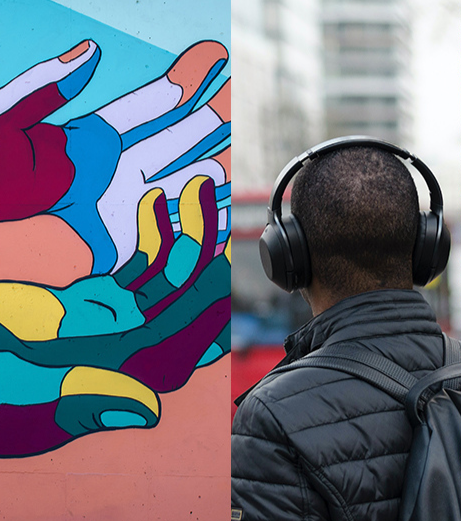 press image of a man listening to music and an art design
